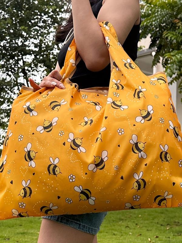 Cute Summer Cartoon Bee Pattern Shopping Bag, Large Capacity Portable Foldable Shoulder Bag for Women