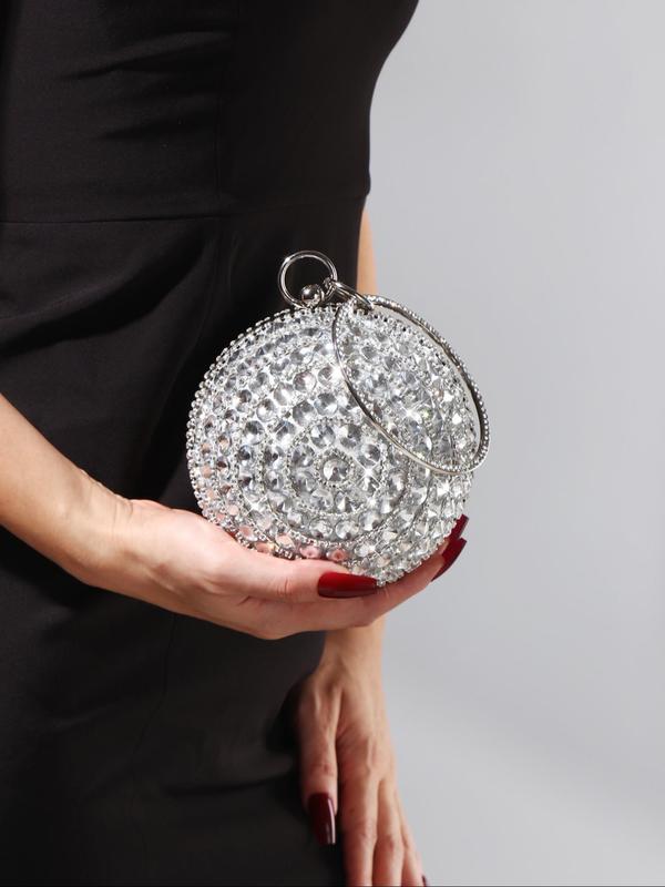 Women's Elegant Faux Pearl & Rhinestone Decorated Sphere Evening Bag, Exquisite Trendy Round Top Handle Handbag, Fashionable Bag for Party Decoration