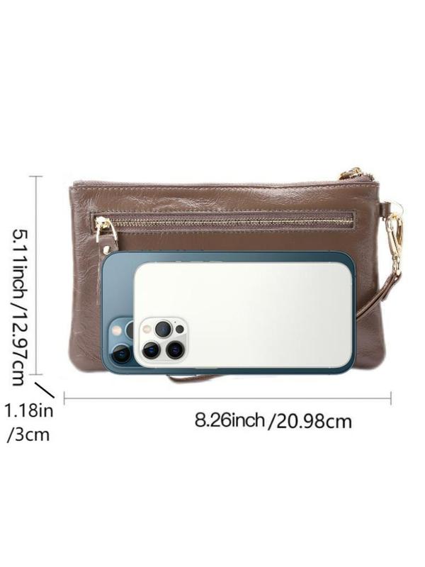 Women's Genuine Leather Wallet, Solid Color Zipper Long Wallet, Fashionable Wristlet Clutch, Casual Trendy Versatile Daily Commuting Bag, Girl Fashionable Bag