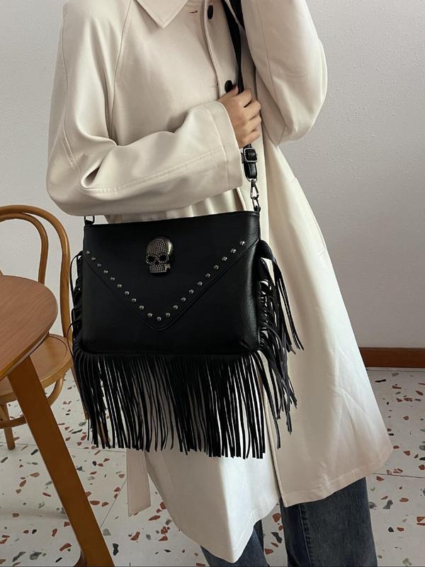 Women's Fashion Rivet & Tassel Decorated Crossbody Bag, Casual Skull Decor Crossbody Bag for Daily Used, Trendy Versatile High-quality Daily Commuting Bag