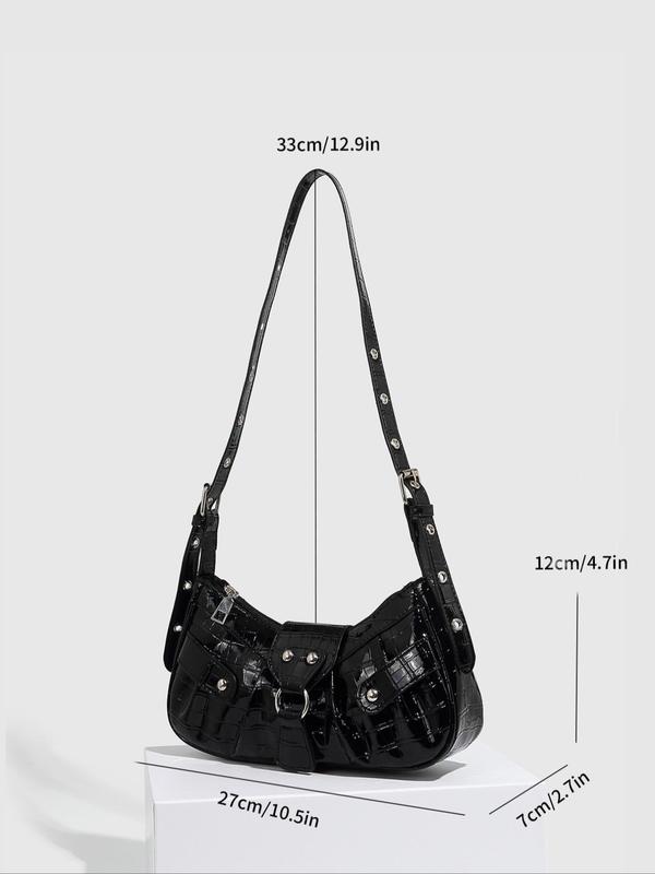 Women's Solid Color Grommet Eyelet Design Y2K Half Moon Bag, Fashionable PU Leather Shoulder Bag for Women Daily Used, Casual Trendy Versatile Daily Commuting Bag