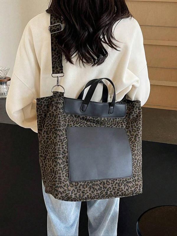 Women's Fashion Leopard Print Tote Bag, Casual Versatile Zipper Shoulder Bag for Daily Used, Trendy All-match Bag for Commuters and Students