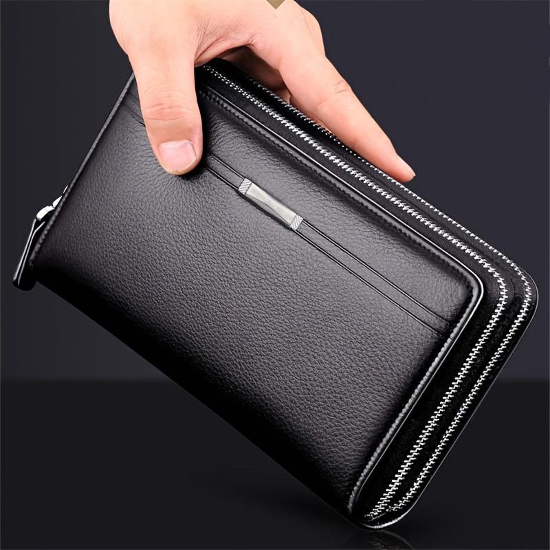 Men's Long PU Leather Clutch, Large Capacity Business Double Zipper Card Holder Cell Phone Tote, Convenient for Daily Use