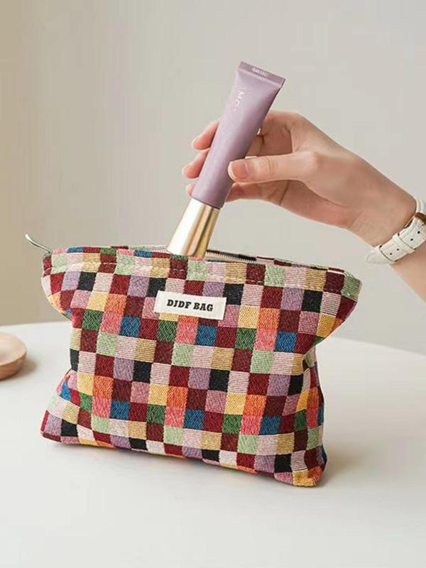 Women's Cute Plaid Pattern Makeup Bag, Minimalist Portable Cosmetic Storage Bag, Trendy Large Capacity Travel Makeup Bag for Women & Girls