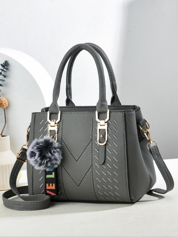 Women's 2024 PU Leather Plain Zipper Tote Bag, with Pom Pom Charm & Colorful Letters Wide Band, Retro Fashion Adjustable Strap Shoulder Bag