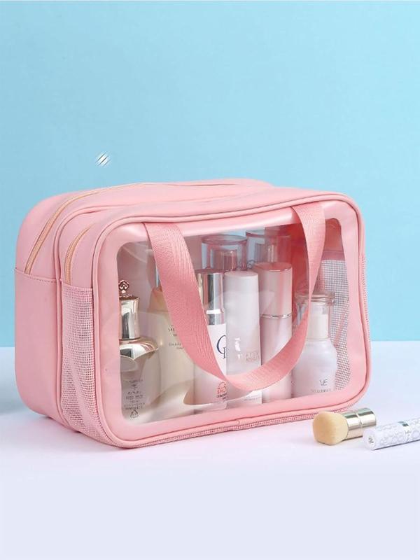 Translucent Makeup Bag with Handle, Portable Double Layer Zipper Cosmetic Storage Bag, Travel Toiletry Bag for Travel