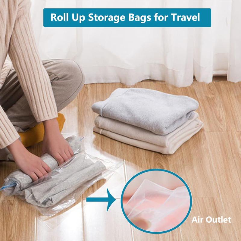 Compression Bags for Travel, Travel Essentials Hand Roll-Up Space Saver Seal Clothes Storage Bags, No Pump Needed Vacuum Storage Bags for