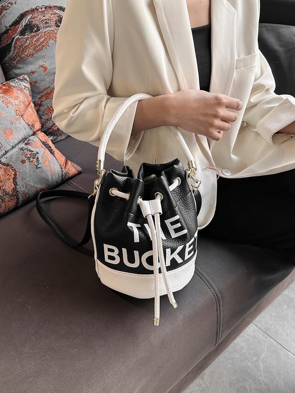 Fashionable Matching Colorblock Letter Print Bucket Bag, Women's 2024 New Trendy Drawstring Design Handbag with Adjustable Strap, New Fashion Bucket Handbag for Daily Used