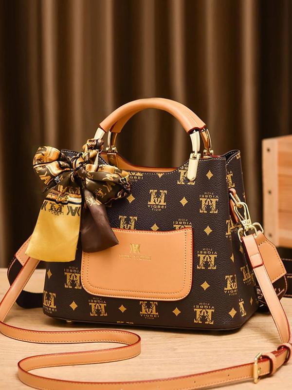 Women's Fashionable Letter Pattern Handbag & Clutch & Wallet, Casual Versatile Large Capacity Bag Set for Daily Used, Trendy Ribbon Decorated Handbag