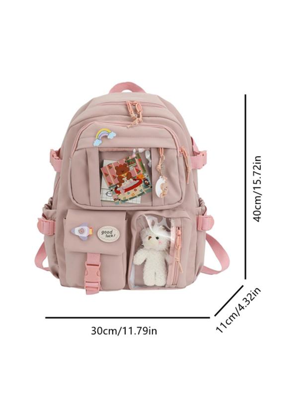 Casual Lightweight Patch Cute Bear Decoration  Backpacks , 2024 New Style Large Capacity Campus Student Plain Fresh Style Girls Backpack As Gift, Fall Outfits, Fall Freshness