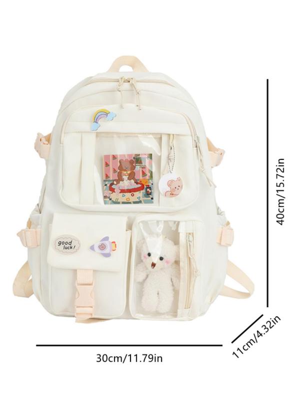 Casual Lightweight Patch Cute Bear Decoration  Backpacks , 2024 New Style Large Capacity Campus Student Plain Fresh Style Girls Backpack As Gift, Fall Outfits, Fall Freshness