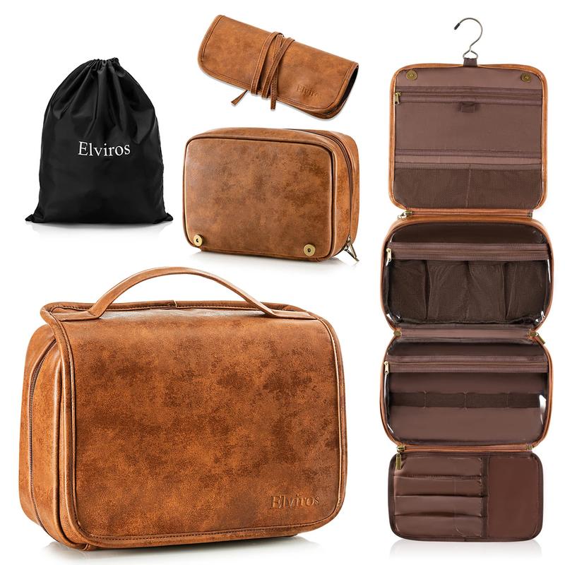 Toiletry Bag Hanging Travel Organizer for Men and Women, 3 in 1 Multifunctional Large Makeup Cosmetic Case for Toiletries Accessories, Water-resistant PU Leather Bathroom Dopp Kit Shaving Bag