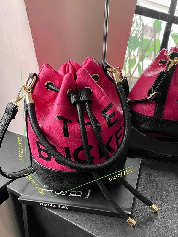 Fashionable Matching Colorblock Letter Print Bucket Bag, Women's 2024 New Trendy Drawstring Design Handbag with Adjustable Strap, New Fashion Bucket Handbag for Daily Used