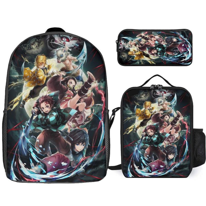 Demon Slayer Backpack 3-Piece Sets Shoulder Bag - 3Pcs Bookbag Laptop-Bags - Travel Daypack Set with Lunch Bag Pencil Case