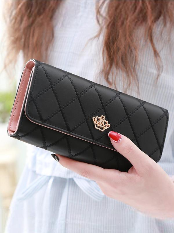 Women's Fashionable Crown Decorated Quilted Design Long Wallet, Casual Versatile Zipper Wallet for Daily Used, Trendy All-match & Exquisite Wallet for Birthday Gift