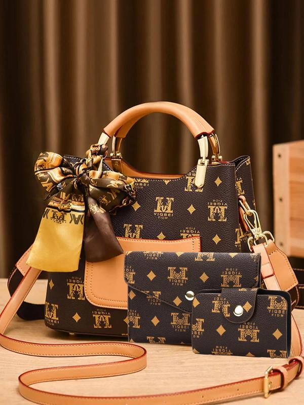 Women's Fashionable Letter Pattern Handbag & Clutch & Wallet, Casual Versatile Large Capacity Bag Set for Daily Used, Trendy Ribbon Decorated Handbag