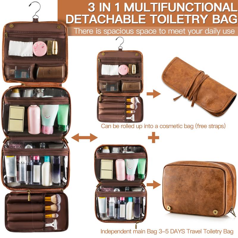 Toiletry Bag Hanging Travel Organizer for Men and Women, 3 in 1 Multifunctional Large Makeup Cosmetic Case for Toiletries Accessories, Water-resistant PU Leather Bathroom Dopp Kit Shaving Bag