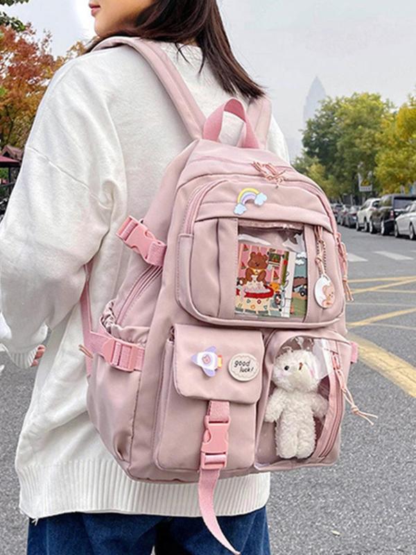 Casual Lightweight Patch Cute Bear Decoration  Backpacks , 2024 New Style Large Capacity Campus Student Plain Fresh Style Girls Backpack As Gift, Fall Outfits, Fall Freshness