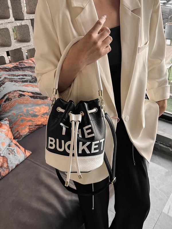 Fashionable Matching Colorblock Letter Print Bucket Bag, Women's 2024 New Trendy Drawstring Design Handbag with Adjustable Strap, New Fashion Bucket Handbag for Daily Used