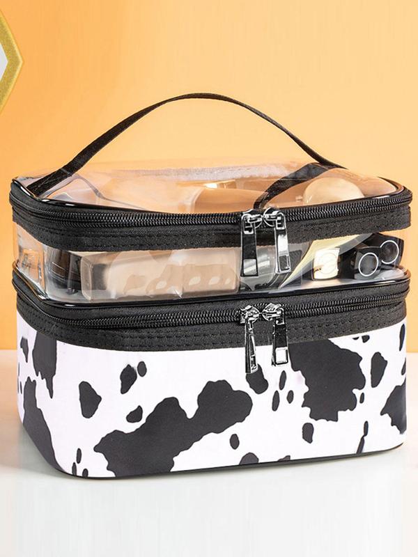 Cute Waterproof Cow Print Makeup Bag, Large Capacity Travel Cosmetic Storage Bag, Portable Toiletry Bag