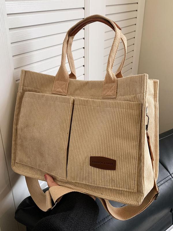 Women's Casual Minimalist Corduroy Tote Bag, Letter Patch Decor Shoulder Bag for Daily Used, Casual Trendy Versatile High-quality Daily Commuting Bag, Girl Fashionable Shopping Bag