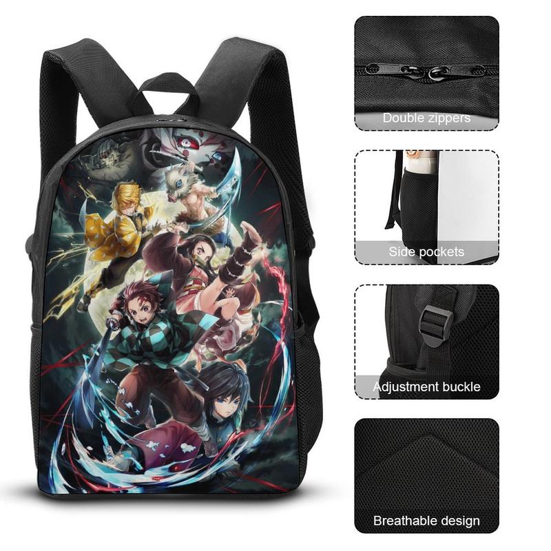 Demon Slayer Backpack 3-Piece Sets Shoulder Bag - 3Pcs Bookbag Laptop-Bags - Travel Daypack Set with Lunch Bag Pencil Case