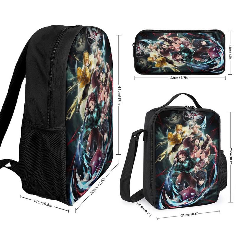 Demon Slayer Backpack 3-Piece Sets Shoulder Bag - 3Pcs Bookbag Laptop-Bags - Travel Daypack Set with Lunch Bag Pencil Case