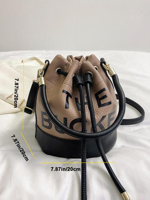 Fashionable Matching Colorblock Letter Print Bucket Bag, Women's 2024 New Trendy Drawstring Design Handbag with Adjustable Strap, New Fashion Bucket Handbag for Daily Used