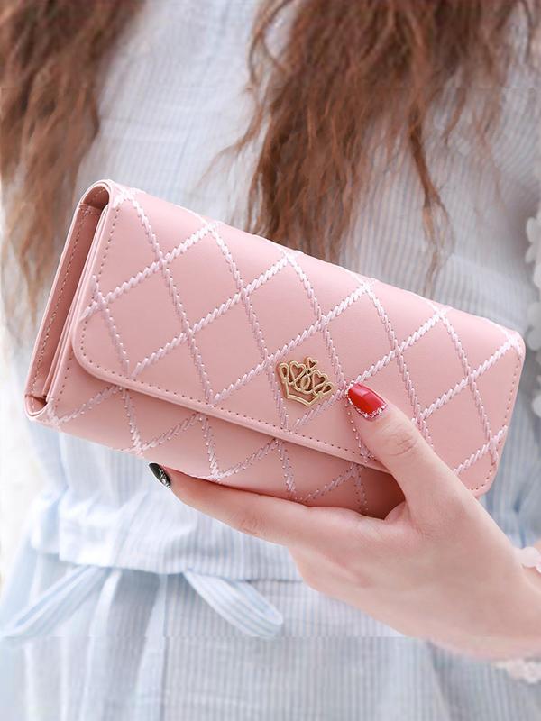 Women's Fashionable Crown Decorated Quilted Design Long Wallet, Casual Versatile Zipper Wallet for Daily Used, Trendy All-match & Exquisite Wallet for Birthday Gift