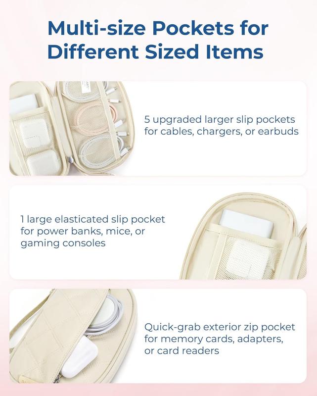 Travel Cord Organizer Electronics Organizer Travel Case, Puffer Cable Organizer Bag Travel Essentials for Women, Small Tech Organizer Travel Case for Charger, Cable, Phone, Flash Drive Beige