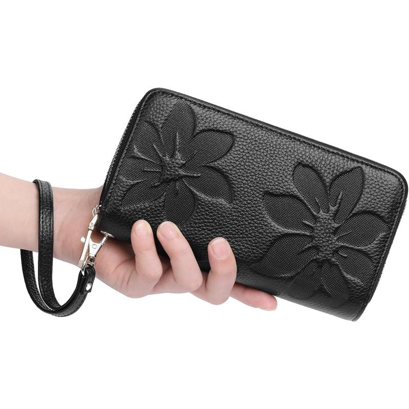 Women's Wallet Large Capacity Double Zip Around Credit Card Holder Leather Ladies Wallet with RFID Blocking Phone Wristlet Purse Black