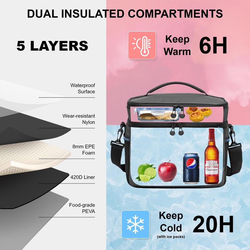 EVERFUN Medium Lunch Bag for Men 24 Can Black for picnics, parties, Insulated Lunch Bag for WomenCooler Dual Compartments Collapsible Waterproof Leak-Proof for Travel Work, Pink  lunchbag reusable lunch reusable lunch portable lunch Insulated Tactical