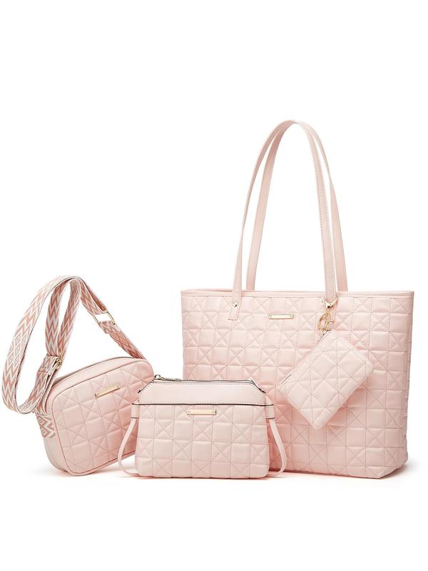 Women's Solid Color Quilted Tote Bag & Shoulder Bag & Wristlet & Coin Purse Set, Casual Versatile Bag Set for Work & Daily Used