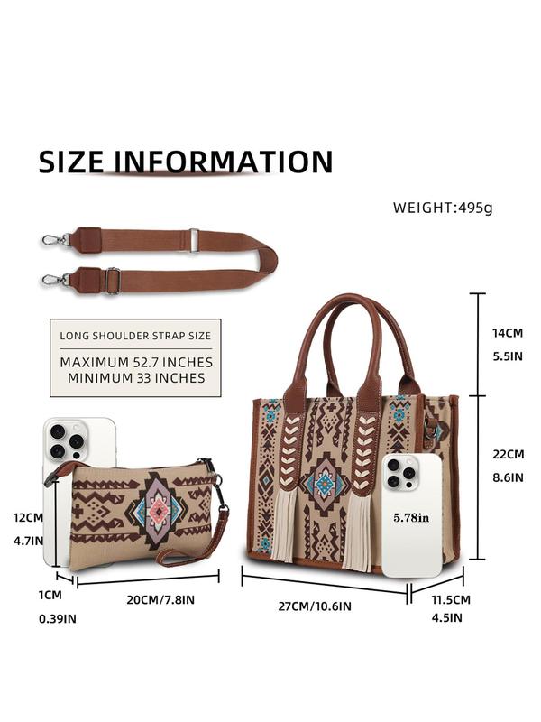 Women's Boho Style Ethnic Pattern Tassel Decor Tote Bag & Small Wallet, Vintage Large Capacity Handbag & Wallet, Casual Trendy Versatile High-quality Daily Commuting Bag Set