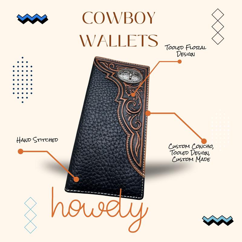 Western Stakes Leather Long Wallet Floral Embossed Tooled Bi Fold Soft Leather Longhorn Concho Checkbook Style Cowboy Hand Crafted High End Mens Wallets Leather Gifts For Men tiktok viral