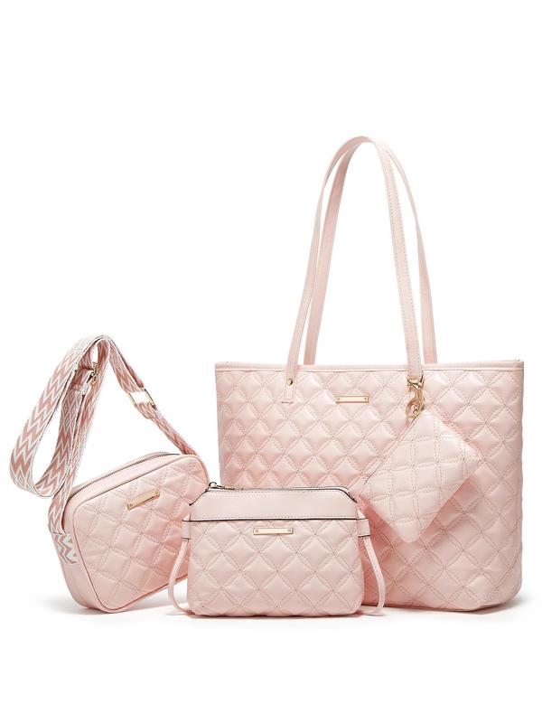 Women's Solid Color Quilted Tote Bag & Shoulder Bag & Wristlet & Coin Purse Set, Casual Versatile Bag Set for Work & Daily Used