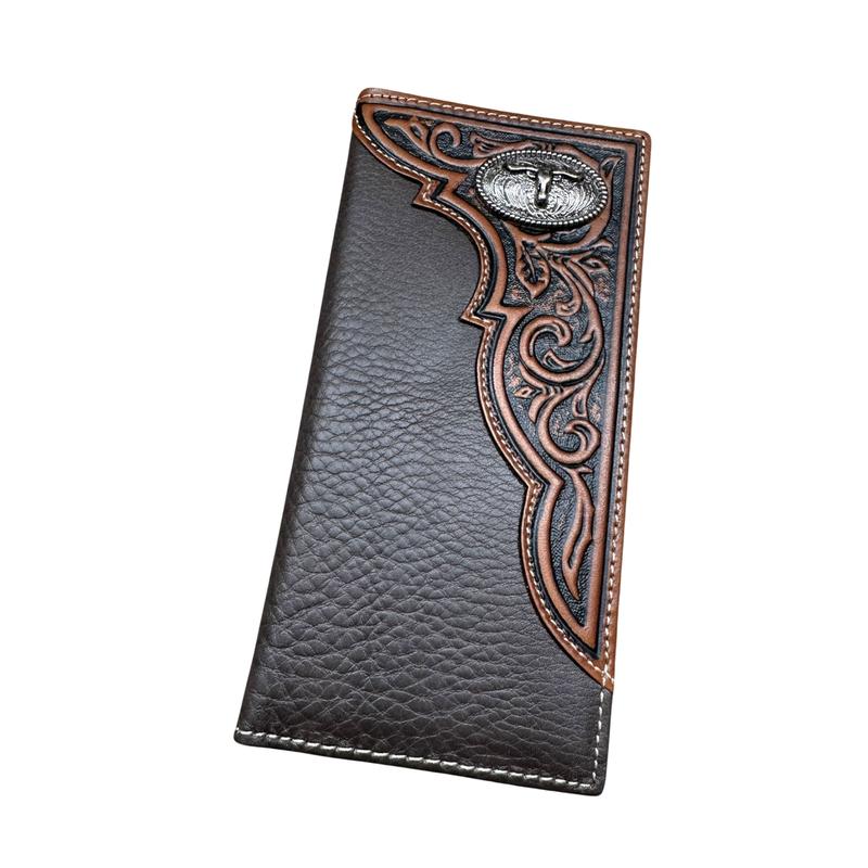 Western Stakes Leather Long Wallet Floral Embossed Tooled Bi Fold Soft Leather Longhorn Concho Checkbook Style Cowboy Hand Crafted High End Mens Wallets Leather Gifts For Men tiktok viral