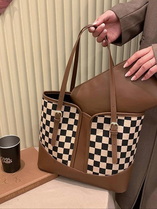 Women's Checked Pattern Tote Bag, Fashionable Houndstooth Shoulder Bag for Daily Used, Casual Trendy Versatile High-quality Daily Commuting Bag, Girl Fashionable Shopping Bag