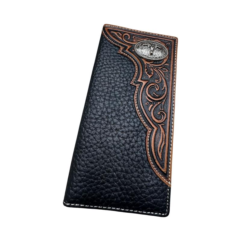 Western Stakes Leather Long Wallet Floral Embossed Tooled Bi Fold Soft Leather Longhorn Concho Checkbook Style Cowboy Hand Crafted High End Mens Wallets Leather Gifts For Men tiktok viral