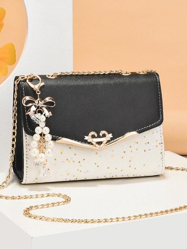 Women's Colorblock Glitter Star Pattern Crossbody Bag, Elegant Chain Strap Shoulder Bag for Women, Casual Trendy Commuting Bag, Girl Fashionable Bag with Faux Pearls Charm Fall