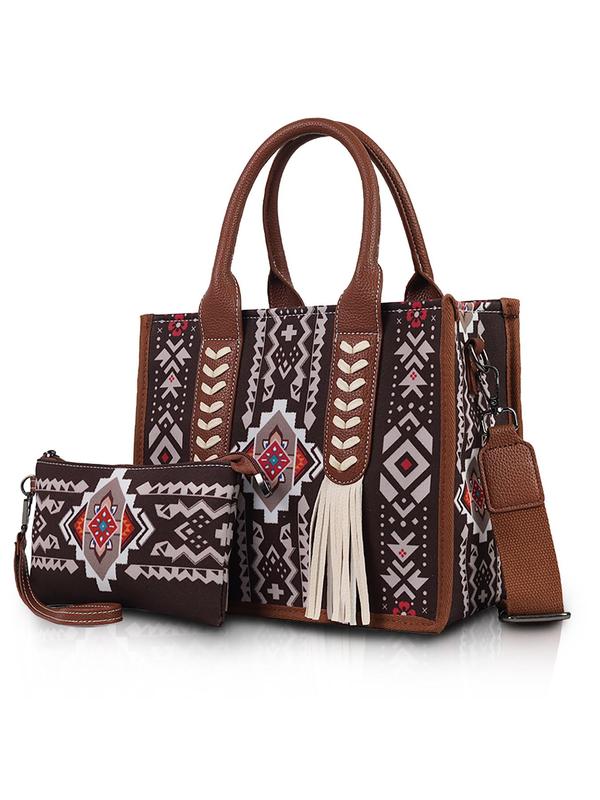 Women's Boho Style Ethnic Pattern Tassel Decor Tote Bag & Small Wallet, Vintage Large Capacity Handbag & Wallet, Casual Trendy Versatile High-quality Daily Commuting Bag Set