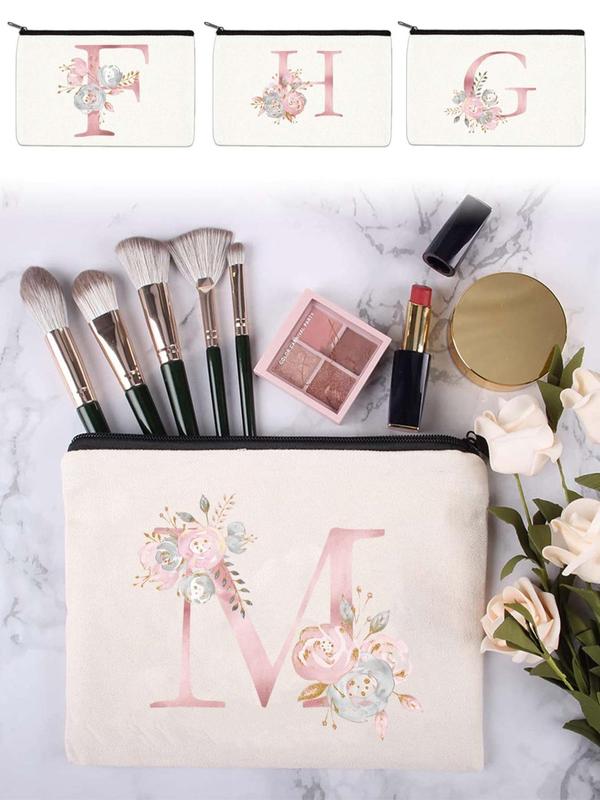 Fashion Floral & Letter Pattern Cosmetic Bag, Bridesmaid Makeup Bag, Travel Organizer, School Pencil Case, Women Toiletry Kit, Wedding Party Clutch