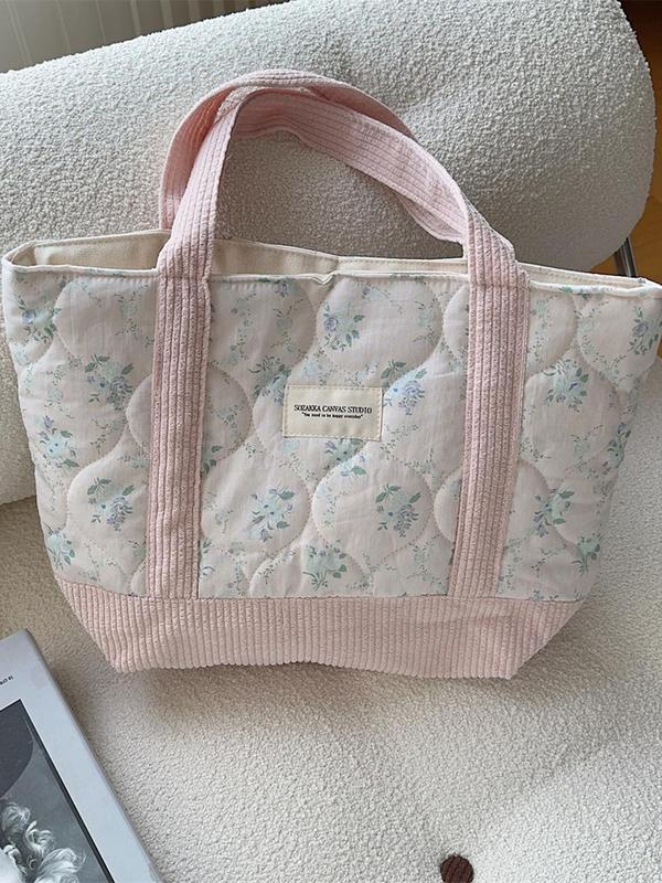 Women's Color-block Ditsy Floral Pattern Quilted Tote Bag, Large Capacity Shoulder Bag for Women, Trendy All-match Bag for Daily Life