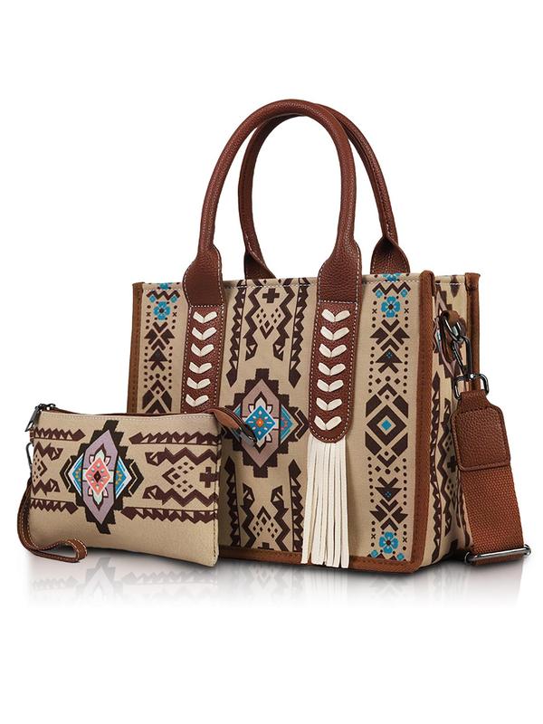 Women's Boho Style Ethnic Pattern Tassel Decor Tote Bag & Small Wallet, Vintage Large Capacity Handbag & Wallet, Casual Trendy Versatile High-quality Daily Commuting Bag Set