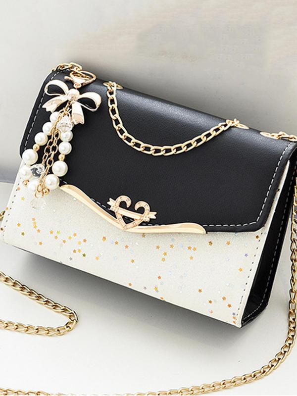 Women's Colorblock Glitter Star Pattern Crossbody Bag, Elegant Chain Strap Shoulder Bag for Women, Casual Trendy Commuting Bag, Girl Fashionable Bag with Faux Pearls Charm Fall