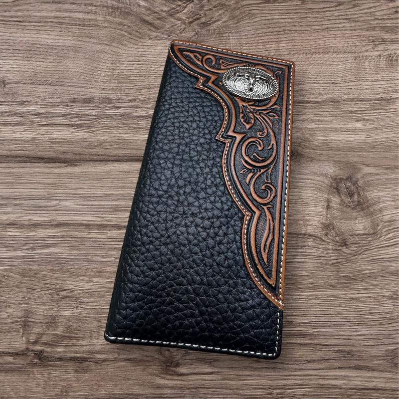 Western Stakes Leather Long Wallet Floral Embossed Tooled Bi Fold Soft Leather Longhorn Concho Checkbook Style Cowboy Hand Crafted High End Mens Wallets Leather Gifts For Men tiktok viral