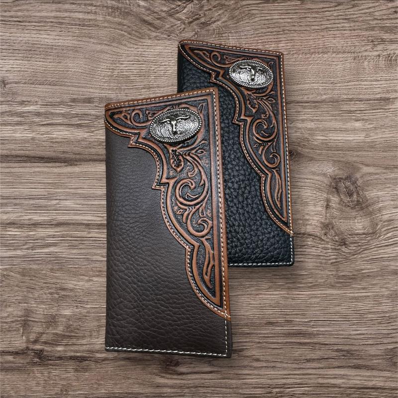 Western Stakes Leather Long Wallet Floral Embossed Tooled Bi Fold Soft Leather Longhorn Concho Checkbook Style Cowboy Hand Crafted High End Mens Wallets Leather Gifts For Men tiktok viral