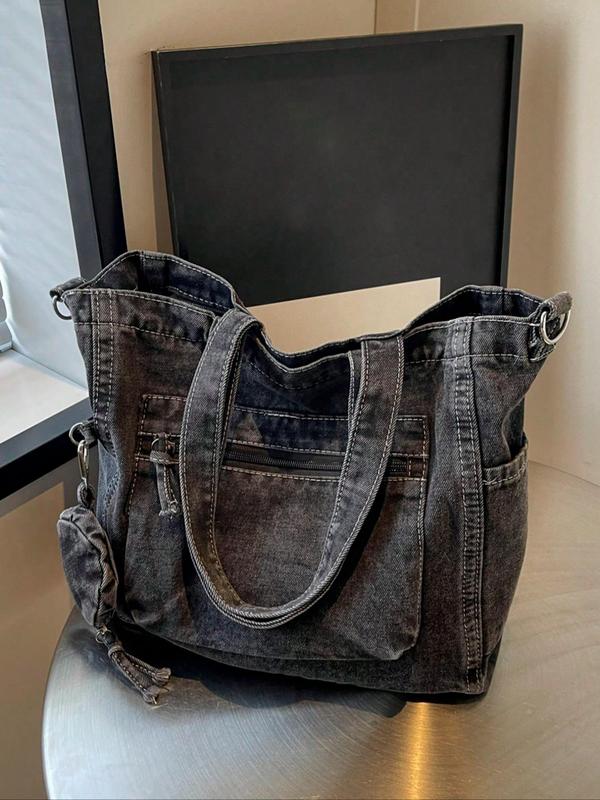 Women's Elegant Denim Crossbody Bag & Mini Bag Charm, Large Capacity Shoulder Bag & Clutch Bag, Casual Trendy Versatile High-quality Daily Commuting Bag Set