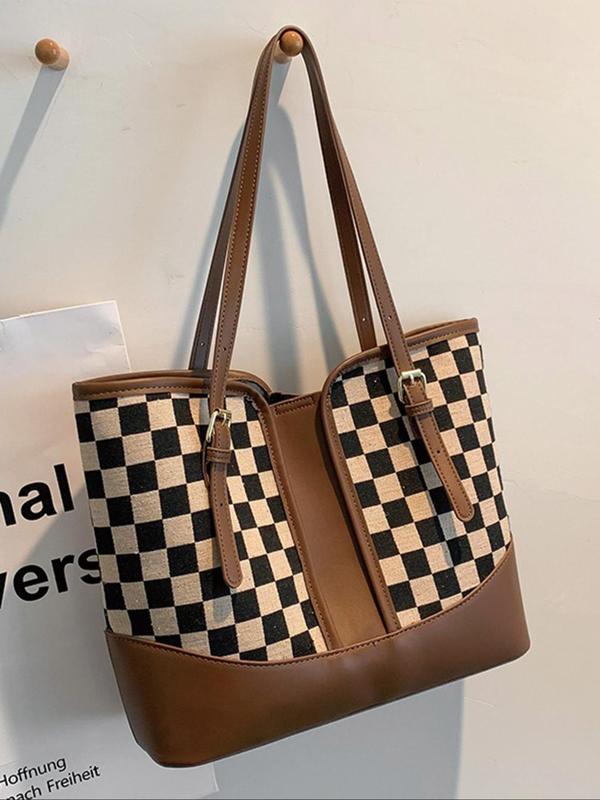 Women's Checked Pattern Tote Bag, Fashionable Houndstooth Shoulder Bag for Daily Used, Casual Trendy Versatile High-quality Daily Commuting Bag, Girl Fashionable Shopping Bag