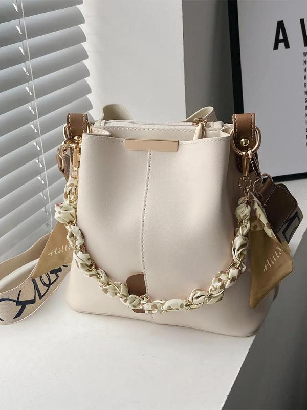 Fashion Chain Decorated Bucket Bag for Women, Solid Fall Crossbody Bag with Silk Scarf for Summer, Minimalist Wide Strap Lux Bag for Women's Work & Daily Use